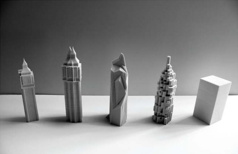 A series of models representing the ideas developed by distorting Big Ben through it's representational imagery.